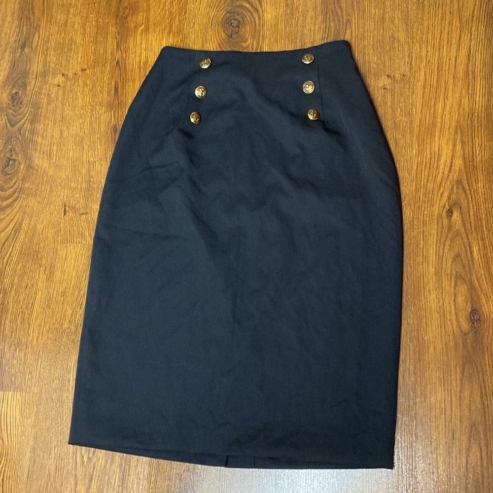 🌹 Lauren Jeffries 🌹 Vintage Black Knee Length Skirt With Gold Deco Buttons
